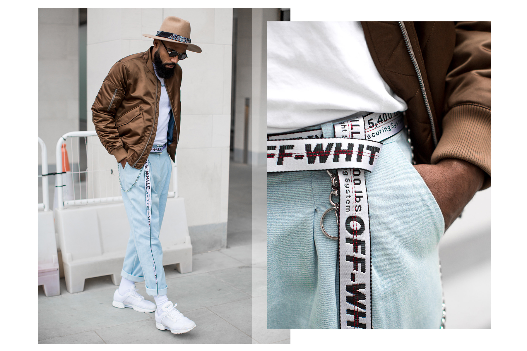 Jean-Claude Mpassy from New Kiss on the Blog wearing Off-White belt and Tiger of Sweden Bomber Jacket