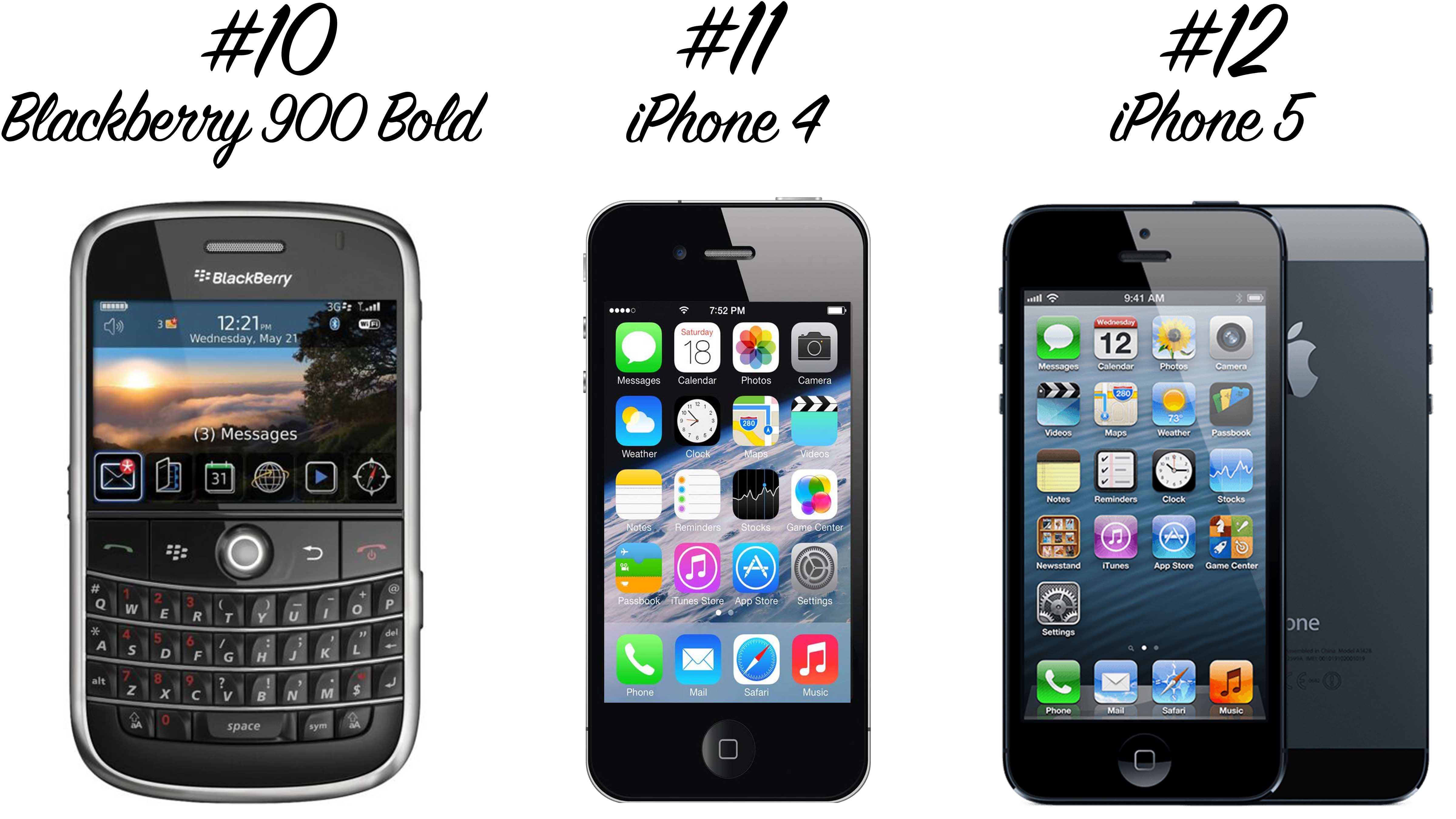 Retro Handys: Blackberry 900 Bold, iPhone 4, iPhone 5